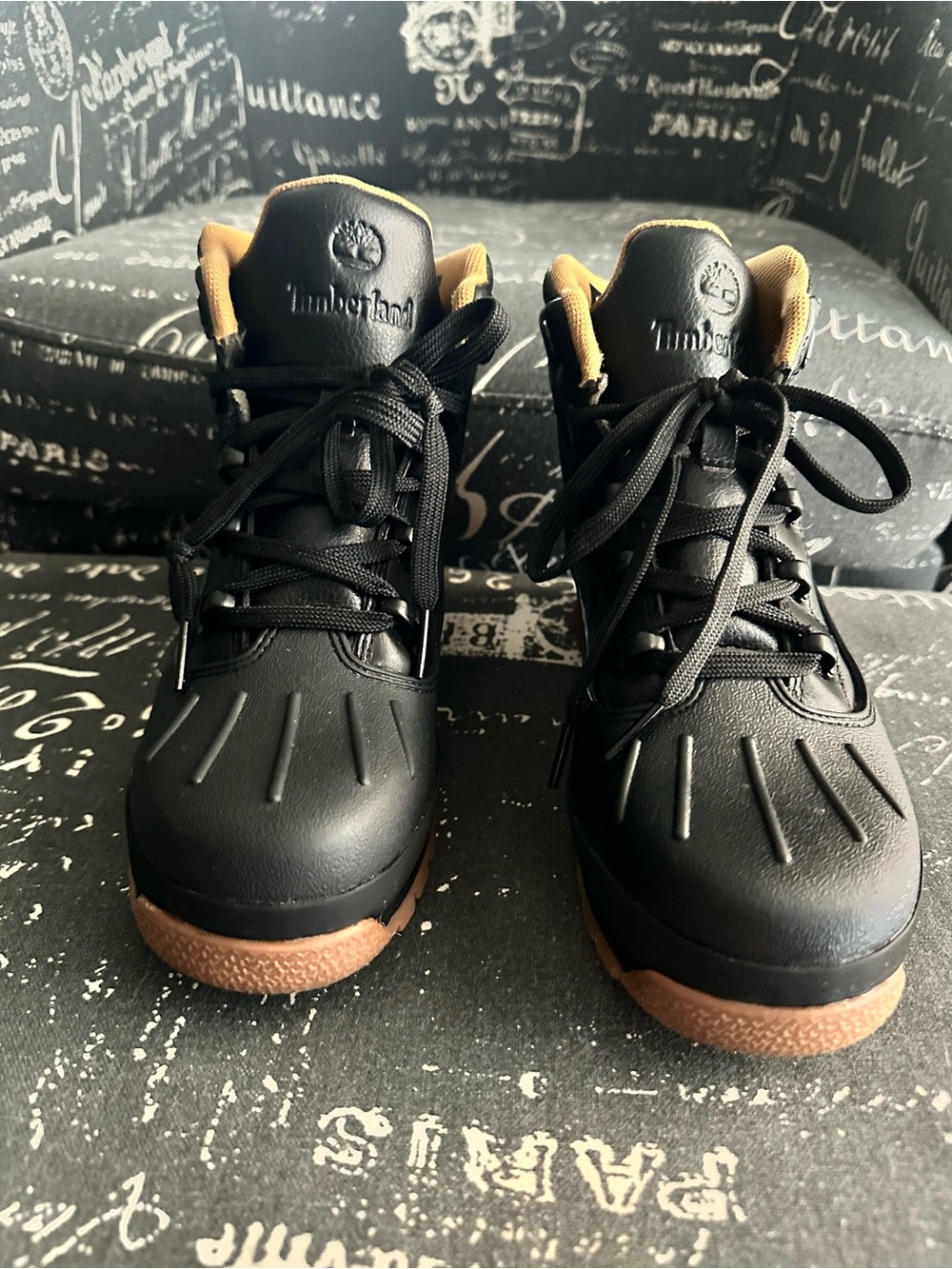 Timberland Kids Black Boots with Brown Soles and Tan Lining